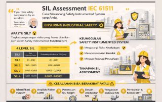 Infografis SIL Assessment IEC 61511 untuk perancangan Safety Instrumented System (SIS) yang aman, modern, dan andal di industri proses.