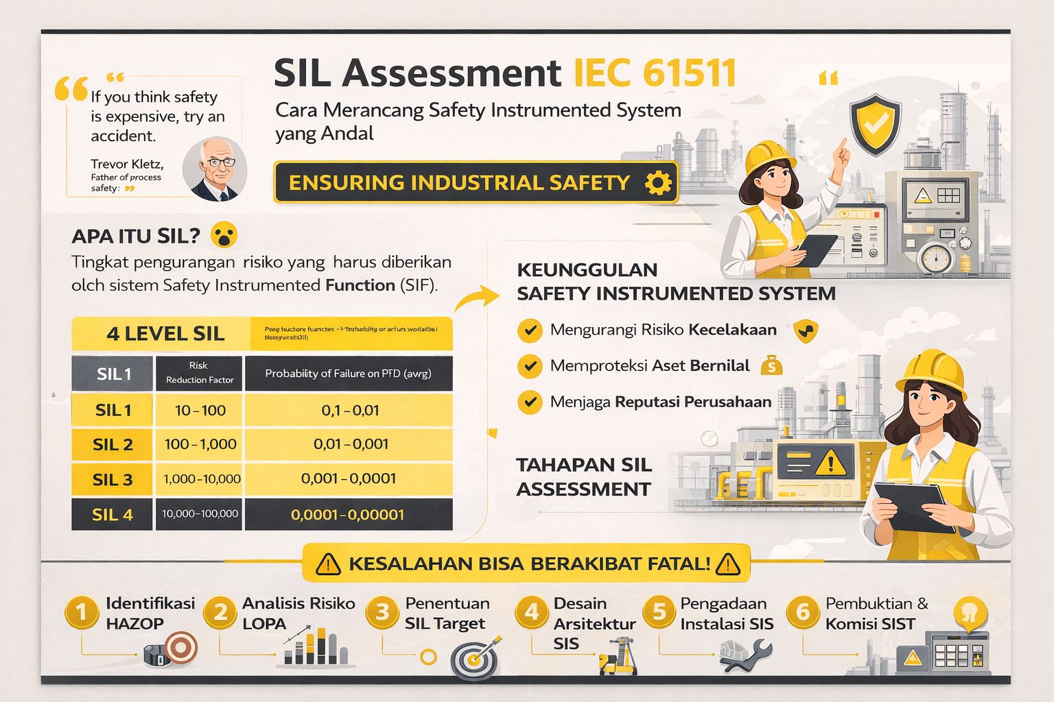 Infografis SIL Assessment IEC 61511 untuk perancangan Safety Instrumented System (SIS) yang aman, modern, dan andal di industri proses.