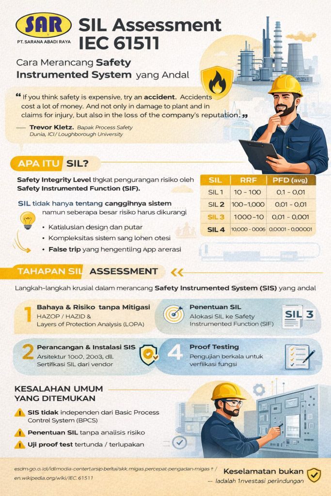 Infografis SIL Assessment IEC 61511 yang menjelaskan cara merancang Safety Instrumented System (SIS) secara andal, mencakup tahapan HAZOP, LOPA, penentuan SIL, arsitektur sistem, hingga proof testing dalam industri proses seperti migas dan petrokimia.